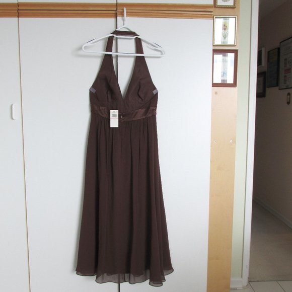 Max&Cleo Mahogany Brown Silk Chiffon Halter Dress NYE Size 10 - Picture 2 of 13